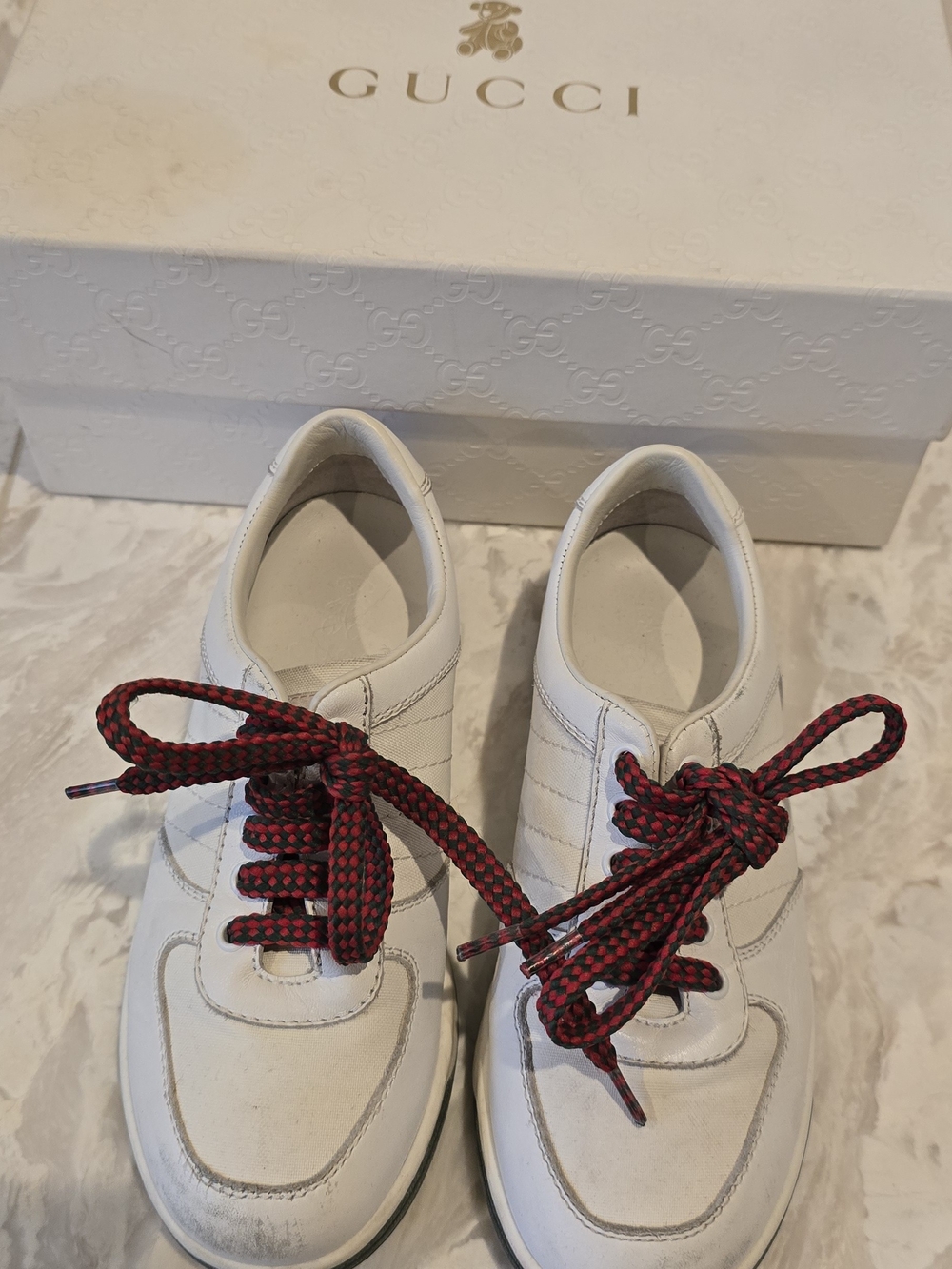Authentic Kids Gucci White Leather Sneakers with Red Laces with Box